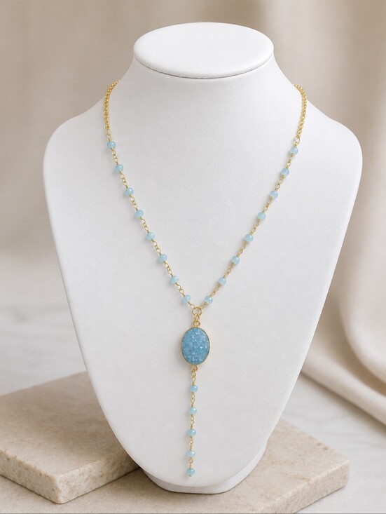 Private Label Jewelry - Blue Chalcedony Druzy Pendant Necklace 24K Gold Plated Adjustable 18-20 Inch